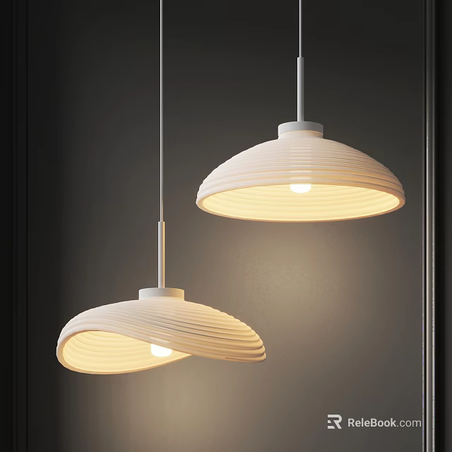 Two White Pendant Lights With Rippled Shades Lit Against Dark Background 3d model 