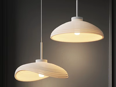 Two White Pendant Lights With Rippled Shades Lit Against Dark Background 3d model