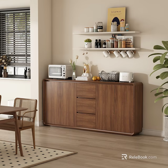 Modern Wooden Dining Sideboard With Microwave Toaster Vase Fruits And Upper Shelf In Dining Area 3d model 