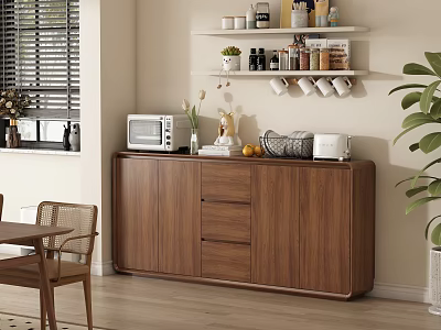 Modern Wooden Dining Sideboard With Microwave Toaster Vase Fruits And Upper Shelf In Dining Area 3d model