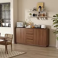 Modern Wooden Dining Sideboard With Microwave Toaster Vase Fruits And Upper Shelf In Dining Area