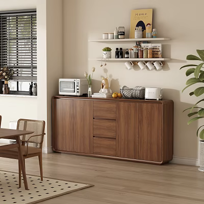 Modern Wooden Dining Sideboard With Microwave Toaster Vase Fruits And Upper Shelf In Dining Area 3d model