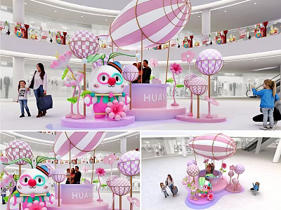 Cartoon Character Inflatable Model For Shopping Mall Event With Pink Decoration And Balloon Elements 3d model