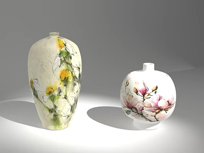 Decorative Ceramic Vases With Crackle Texture And Magnolia Yellow Flower Patterns 3d model