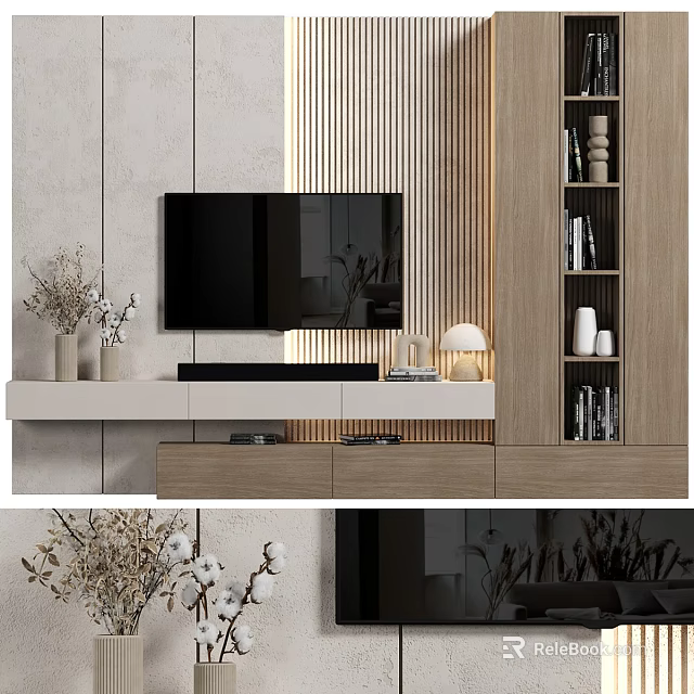 Modern TV Wall Design With Wooden Decor Floating Shelf Books And Decorative Items 3d model 