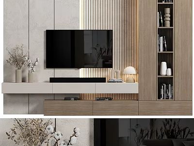 Modern TV Wall Design With Wooden Decor Floating Shelf Books And Decorative Items 3d model