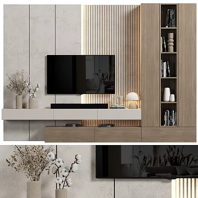 Modern TV Wall Design With Wooden Decor Floating Shelf Books And Decorative Items 3d model