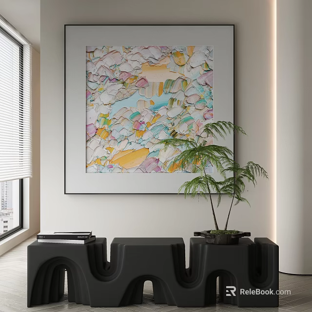 Colorful Abstract Painting In Modern Interior With Green Plant And Black Cabinet 3d model 