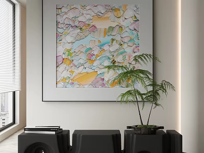 Colorful Abstract Painting In Modern Interior With Green Plant And Black Cabinet 3d model