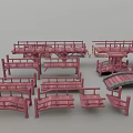Red Wooden Bridge Models With Various Styles Railings And Pavilion Like Structures 3d model