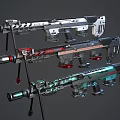 Futuristic Sci Fi Weapons Featuring Metallic Frames Colorful Accents and Display Stands 3d model