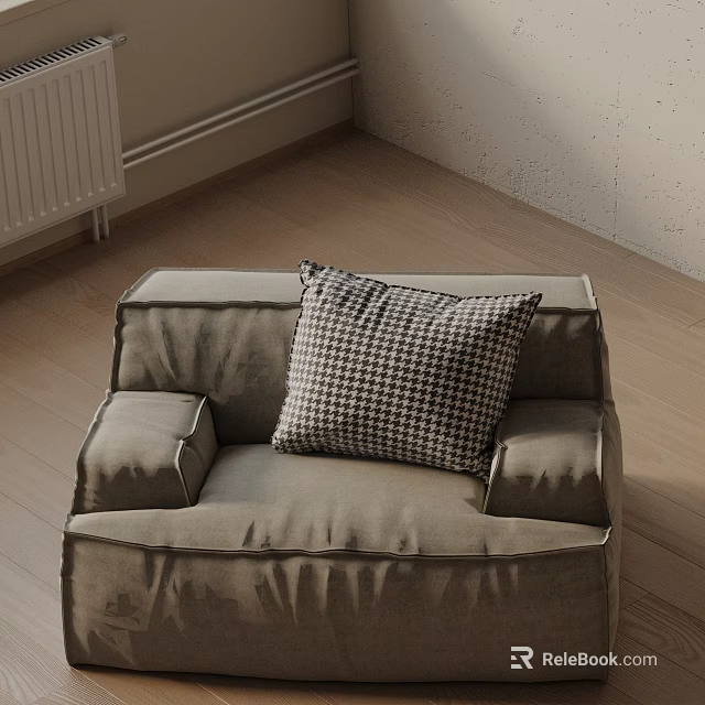 Modern Cozy Linen Leisure Chair With Houndstooth Plaid Pillow On Wooden Floor 3d model 