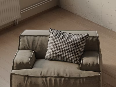 Modern Cozy Linen Leisure Chair With Houndstooth Plaid Pillow On Wooden Floor 3d model