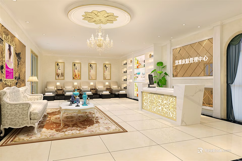 Luxurious Beauty Salon Interior With Chandelier Sofa Reception Desk And Green Plants 3d model 