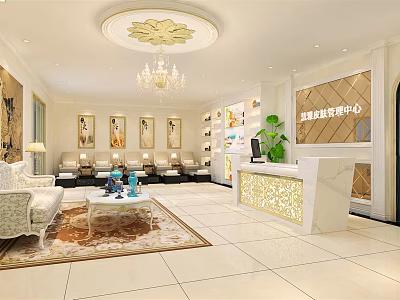 Luxurious Beauty Salon Interior With Chandelier Sofa Reception Desk And Green Plants 3d model