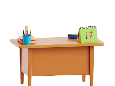 Wooden Desk Setup With Calendar Showing 17th Pencil Holder Pens Books And Blue Item 3d model