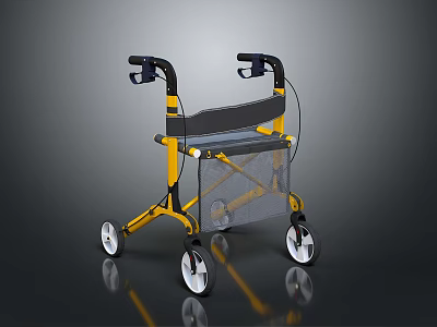 Yellow And Black Folding Walker With Four Wheels Ergonomic Handles And Storage Basket 3d model