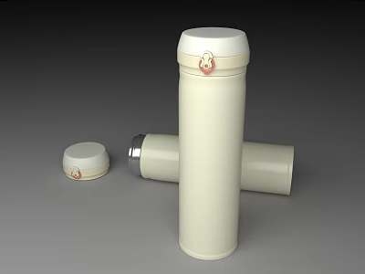 White Thermos Cup with White Bear Pattern Lid and Fallen Cup plus Separate Lid 3d model