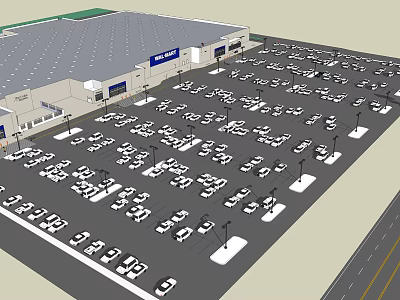 Large Commercial Building Exterior With Spacious Parking Lot And Many Parked Cars 3d model