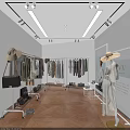 Modern Clothing Store Interior With Hanging Garments Mannequins Hats Bags And Shoes