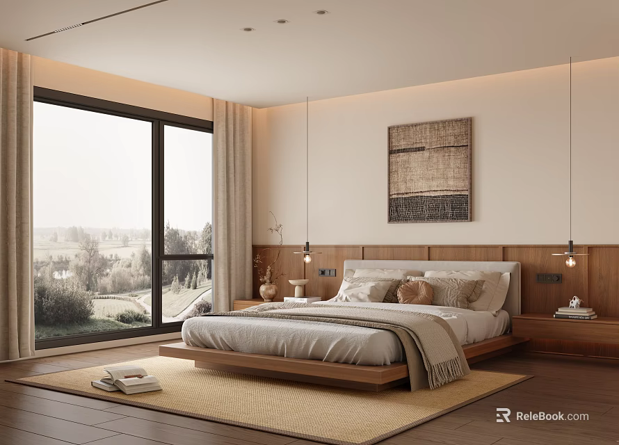 Modern Bedroom Interior With Wooden Bed Large Window Decorative Painting And Rug 3d model 