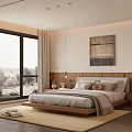 Modern Bedroom Interior With Wooden Bed Large Window Decorative Painting And Rug