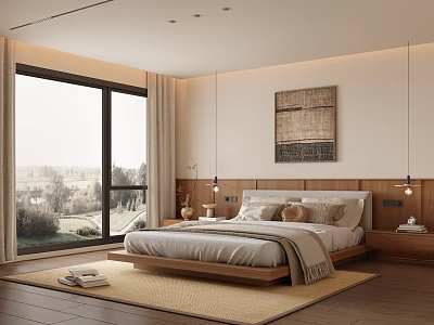 Modern Bedroom Interior With Wooden Bed Large Window Decorative Painting And Rug 3d model