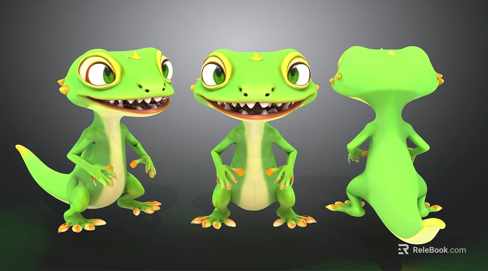 3D Green Cartoon Lizard Characters From Different Angles With Big Eyes And Smiling Expression 3d model