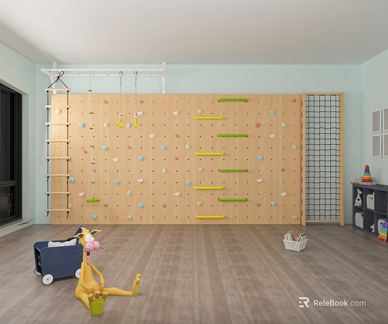 Indoor Kids Sports Equipment With Wooden Climbing Wall Ladder And Hanging Climbing Gear 3d model 
