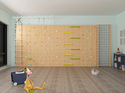 Indoor Kids Sports Equipment With Wooden Climbing Wall Ladder And Hanging Climbing Gear 3d model