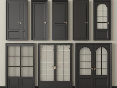 Stylish Dark Colored Hinged Doors With Glass Panels And Various Panel Designs 3d model