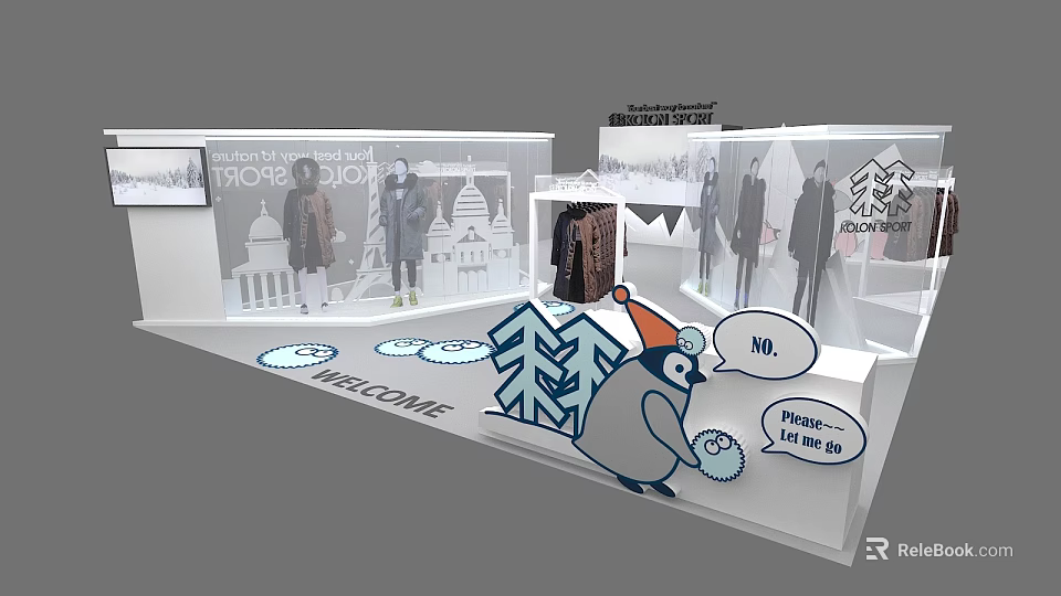 Trojan Shop Retail Display Featuring Welcome Sign Penguin Character And Clothing Items 3d model 