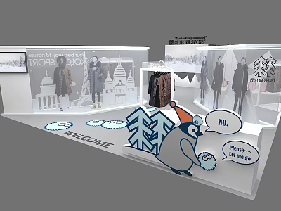 Trojan Shop Retail Display Featuring Welcome Sign Penguin Character And Clothing Items 3d model