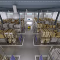 Warehouse Interior With Shelves Cardboard Boxes Blue Signs And Wide Aisle