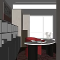 Modern Study Room Interior With Built in Bookshelves Round Table And Red Chair