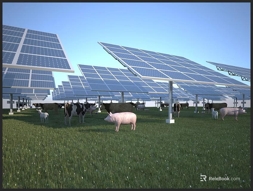 Solar Panels Power Daily Electrical Appliances in Farm with Cows and Pigs 3d model 