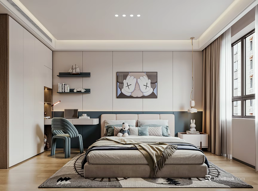 Modern Kids Bedroom Interior With Cartoon Art Study Desk And Shelves 3d model 