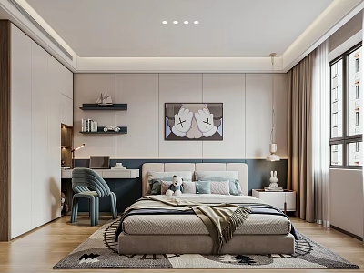 Modern Kids Bedroom Interior With Cartoon Art Study Desk And Shelves 3d model