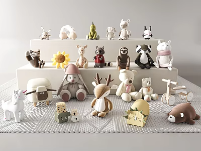 Variety Of Cute Plush Animal Toys Displayed On Shelves And Mat 3d model Variety Of Cute Plush Animal Toys Displayed On Shelves And Mat 3d model