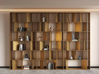Modern Wooden Multi Compartment Bookshelf Design With Books Decorative Sculptures And Vases 3d model