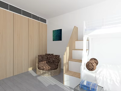 Modern Kids Room Interior Design With Bunk Bed Wooden Storage Staircase Steps And Artwork 3d model