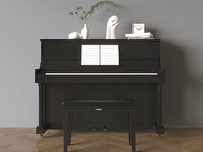 Elegant Piano Room Interior With Black Piano Music Sheets And Decorative Items 3d model