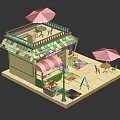 Cartoon Style Shop Scene With Colorful Awning Balcony Pink Umbrellas And Outdoor Tables