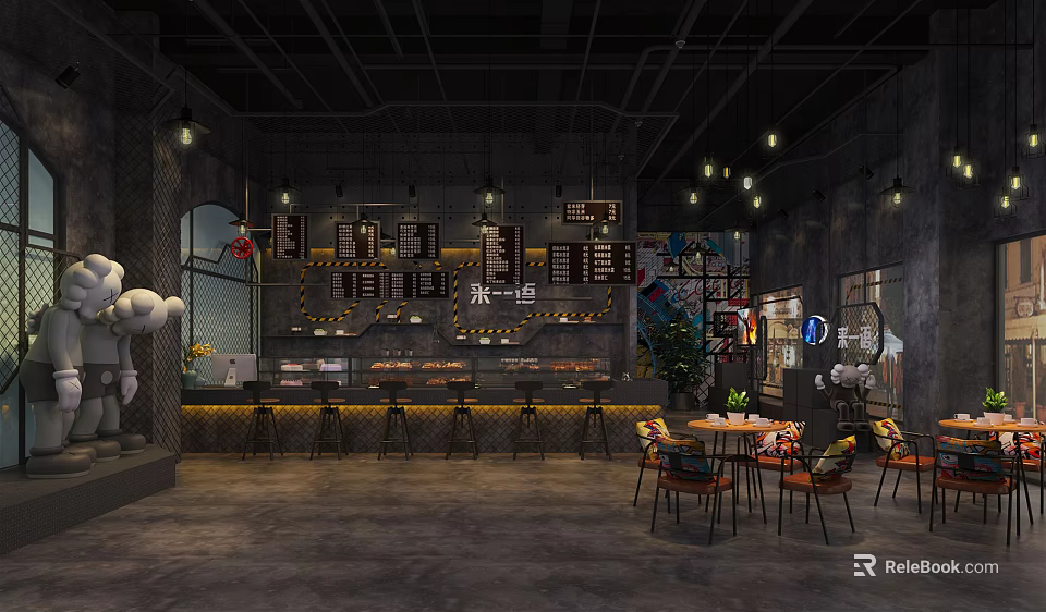 Industrial Style Café Interior Design With Bar Counter And Cozy Seating Area 3d model 