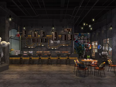 Industrial Style Café Interior Design With Bar Counter And Cozy Seating Area 3d model