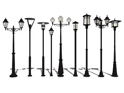 Various Styles Outdoor Lights With Decorative Poles And Glass Lantern Shades 3d model