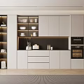 Modern Kitchen Wine Cabinet With Sleek White Cabinets Black Backsplash And Tableware 3d model