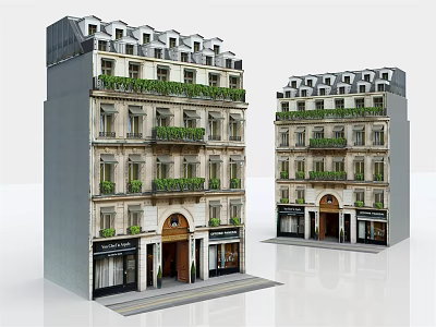 European Style Multi Storey Building Models With Balconies Green Plants And Ground Floor Shops 3d model