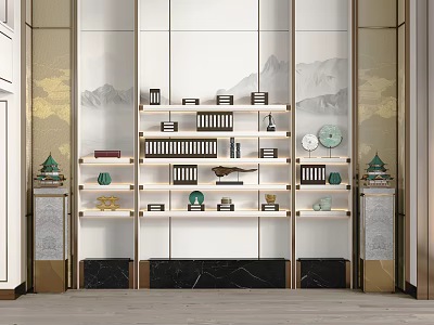 Elegant Chinese Style Decorative Display Shelf With Mountain Landscape Backdrop And Ornaments 3d model
