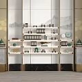 Elegant Chinese Style Decorative Display Shelf With Mountain Landscape Backdrop And Ornaments